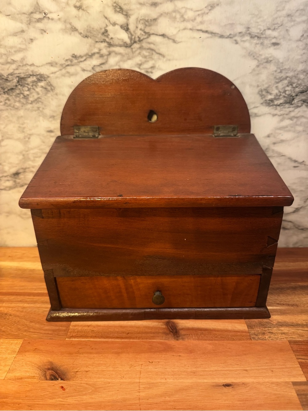 Vintage 19th Century Wooden Wall-Mount Salt Box with Apothecary Drawer